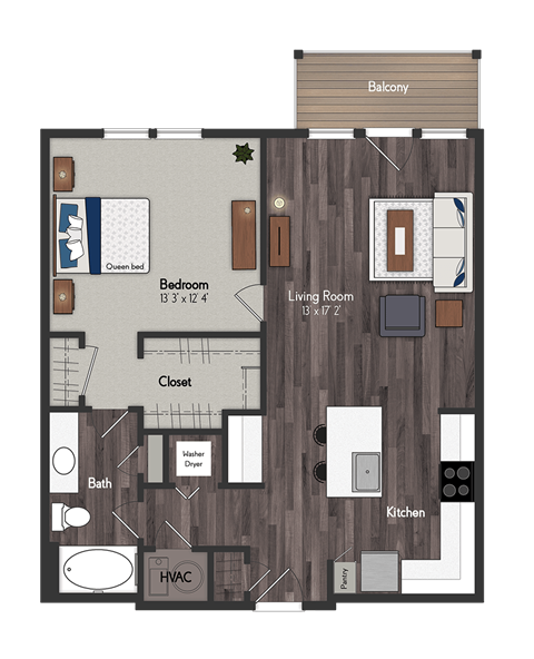 Floor plan for 1 bed, 1 bath, 836 sqft